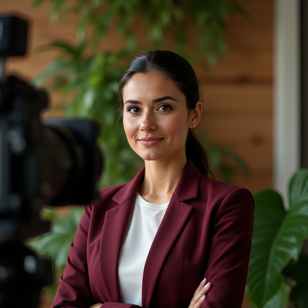Prezentator profesionist în fața camerei de filmat într-un studio modern